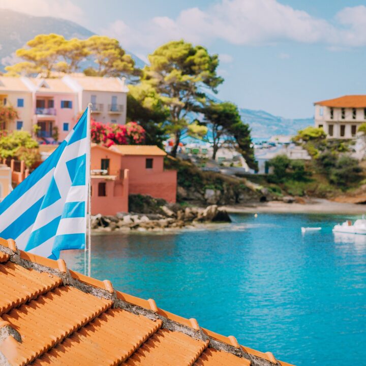 Summer view of sunny Assos village. Greece vacation. Kefalonia Island, Ionian Sea.
